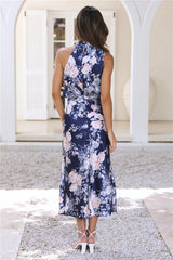 Sukienka maxi z nadrukiem kwiatowym i dekoltem halter, z elastyczną talią
