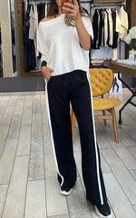 Damski zestaw casual w paski z klapami i rękawami