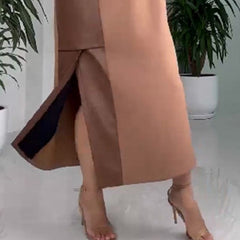 Damska luźna skórzana sukienka patchworkowa z kieszeniami