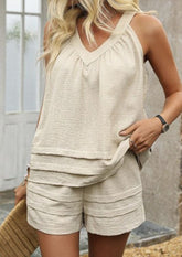 💕 Promocja dnia 49% zniżki 🌸plain V-Neck Sleveless Dwuczęściowy zestaw