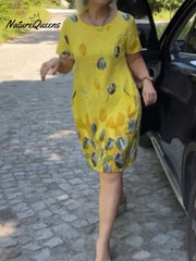 Sukienka damska z bawełny i lnu z kwiatowym wzorem