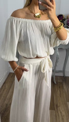 Damski top z marszczeniami i sznurowane spodnie zestaw