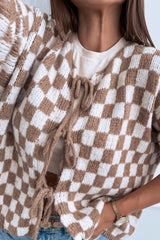 Damski, sznurowany, dzianinowy kardigan w kratę