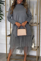 Damska sukienka casualowa z siatki w jednolitym kolorze i patchworku