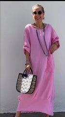 Długa sukienka z bawełny i lnu w stylu patchworku