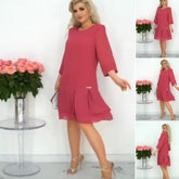 🌷Damska różowa sukienka z falbaną w jednolitym kolorze