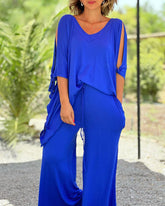 🎀💕Luźny, swobodny, dwuczęściowy garnitur z dekoltem w serek i szerokimi nogawkami