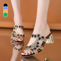 🔥Ostatni dzień zniżki 50% - Damskie lekkie, jednorzędowe, grube, wysadzane kryształkami kapcie na obcasie