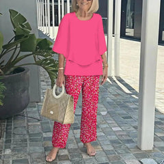 Komplet ze spodniami z nadrukiem i topem z okrągłym dekoltem
