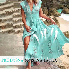 Damska długa letnia sukienka w stylu boho z dekoltem w szpic