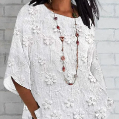 Luźny top z 3/4 rękawami i nadrukiem kwiatowym 3D