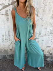 Kombinezon damski z mieszanki bawełny i lnu z kieszeniami i regulowanymi ramiączkami