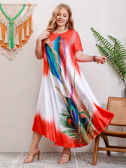 2025 Lato Nowy Drukowany Okrągły Dekolt Duży Rozmiar Długa Sukienka