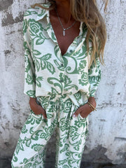 Koszula damska z nadrukiem zapinana na guziki i szerokie spodnie (zestaw 2 sztuk)