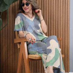 Zestaw Top & Spodnie w Kontrastowym Kolorze z Dekoltem w Serek