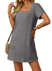 Wyprzedaż ograniczona czasowo🔥Sukienka damska z kwadratowym dekoltem, kieszeniami i krótkim rękawem