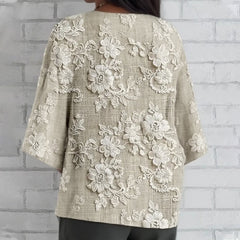 Luźny top z 3/4 rękawami i nadrukiem kwiatowym 3D