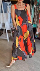 Sukienka damska z kwadratowym dekoltem i nadrukiem na szelkach