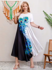 2025 Lato Nowy Drukowany Okrągły Dekolt Duży Rozmiar Długa Sukienka