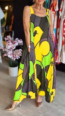 Sukienka damska z kwadratowym dekoltem i nadrukiem na szelkach