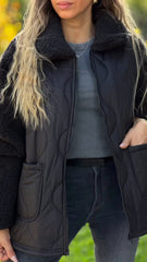 Damski płaszcz z długim rękawem i futrem, patchworkowym, bawełnianym