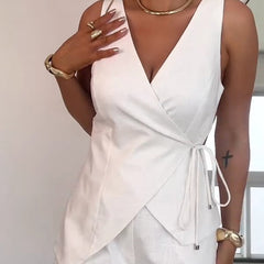 Damski bezrękawnik typu wrap-style top i spodenki z wysokim stanem