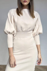 Damska patchworkowa sukienka z okrągłym dekoltem i długim rękawem