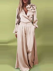 Luksusowy zestaw z satynową koszulą i szerokimi spodniami