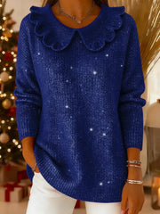 Damski sweter z długim rękawem, jednolitym kolorem i kołnierzykiem Piotruś Pan, luźny i swobodny