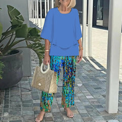 Komplet ze spodniami z nadrukiem i topem z okrągłym dekoltem