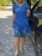 Sukienka damska z bawełny i lnu z kwiatowym wzorem