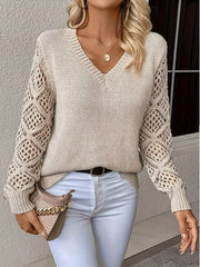Wiosenno-jesienny, dzianinowy top z długim rękawem i dekoltem w kształcie litery V
