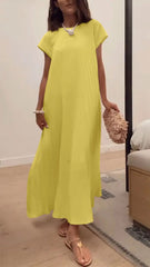 Damska plisowana sukienka swobodna z okrągłym dekoltem