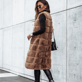 Jesienna i zimowa kamizelka futrzana z okrągłym dekoltem, długa kamizelka