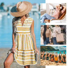 Damska Codzienna Sukienka Bez Rękawów z Dekoltem w Serek i Wzorem