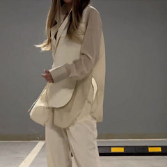 Modny, patchworkowy, nieregularny, sznurowany komplet z koszulą i spodniami