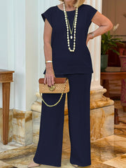 Damski jednokolorowy top bez rękawów z okrągłym dekoltem i zestaw spodni z prostymi nogawkami z kieszeniami