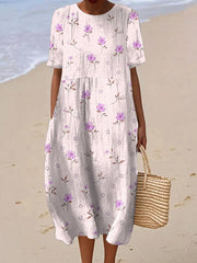 Damska sukienka lniana z krótkim rękawem z kwiatowym nadrukiem i okrągłym dekoltem