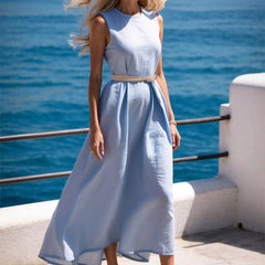 Elegancka, jednokolorowa, bezrękawa, długa sukienka z paskiem