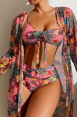 Trzyczęściowy damski komplet bikini z dekoltem w serek i kwiatowym nadrukiem