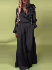 Luksusowy zestaw z satynową koszulą i szerokimi spodniami