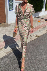 🌻✨Niepowtarzalna sukienka z krótkim rękawem i nadrukiem | Dekolt w serek, sznurowane, dopasowane