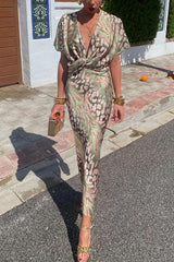 🌻✨Niepowtarzalna sukienka z krótkim rękawem i nadrukiem | Dekolt w serek, sznurowane, dopasowane