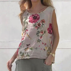 2025 Lato Nowa Okrągła Dekolt Kwiatowy Bawełna i Len Kamizelka🌺👚