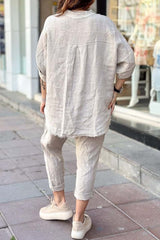 Damski dwuczęściowy zestaw z bawełny i lnu na co dzień z nadrukiem w litery
