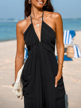 Damski kombinezon typu Plunge Halter, bez rękawów, plisowany, długi, dzianinowy, jogger, maxi, z kieszeniami