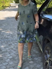 Sukienka damska z bawełny i lnu z kwiatowym wzorem