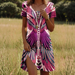 Sukienka z okrągłym dekoltem i nadrukiem w stylu indyjskim, z krótkim rękawem