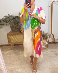 Damska luźna sukienka z krótkim rękawem i nadrukiem