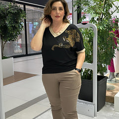 Damski, swobodny, elegancki top z nadrukiem i dekoltem w serek